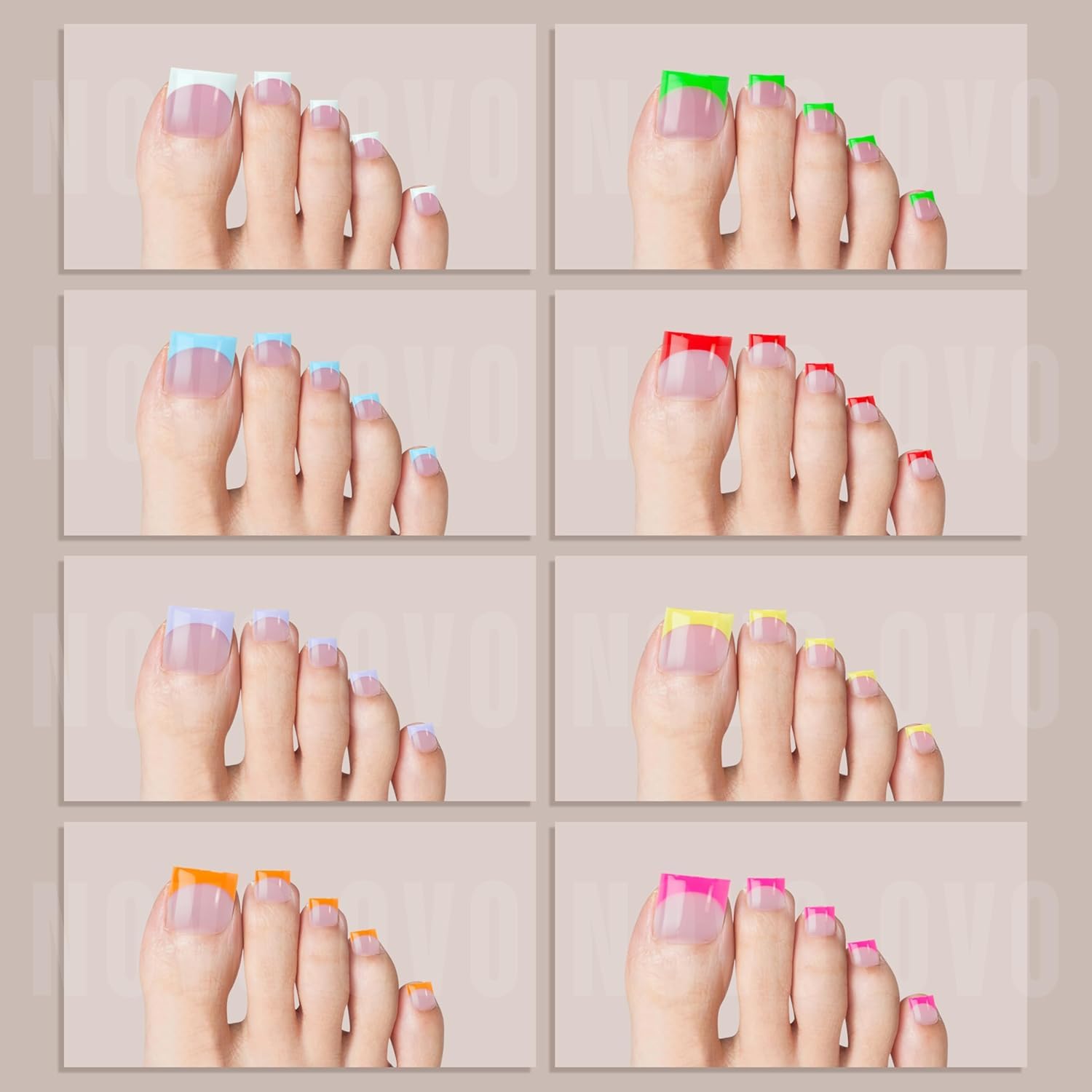 NOVO OVO French Tip Toe Nail Tips 8 MIXED SUMMER COLOR, Sharp Square Soft Gel False Toenail Extension, Need Builder Gel & Top Co