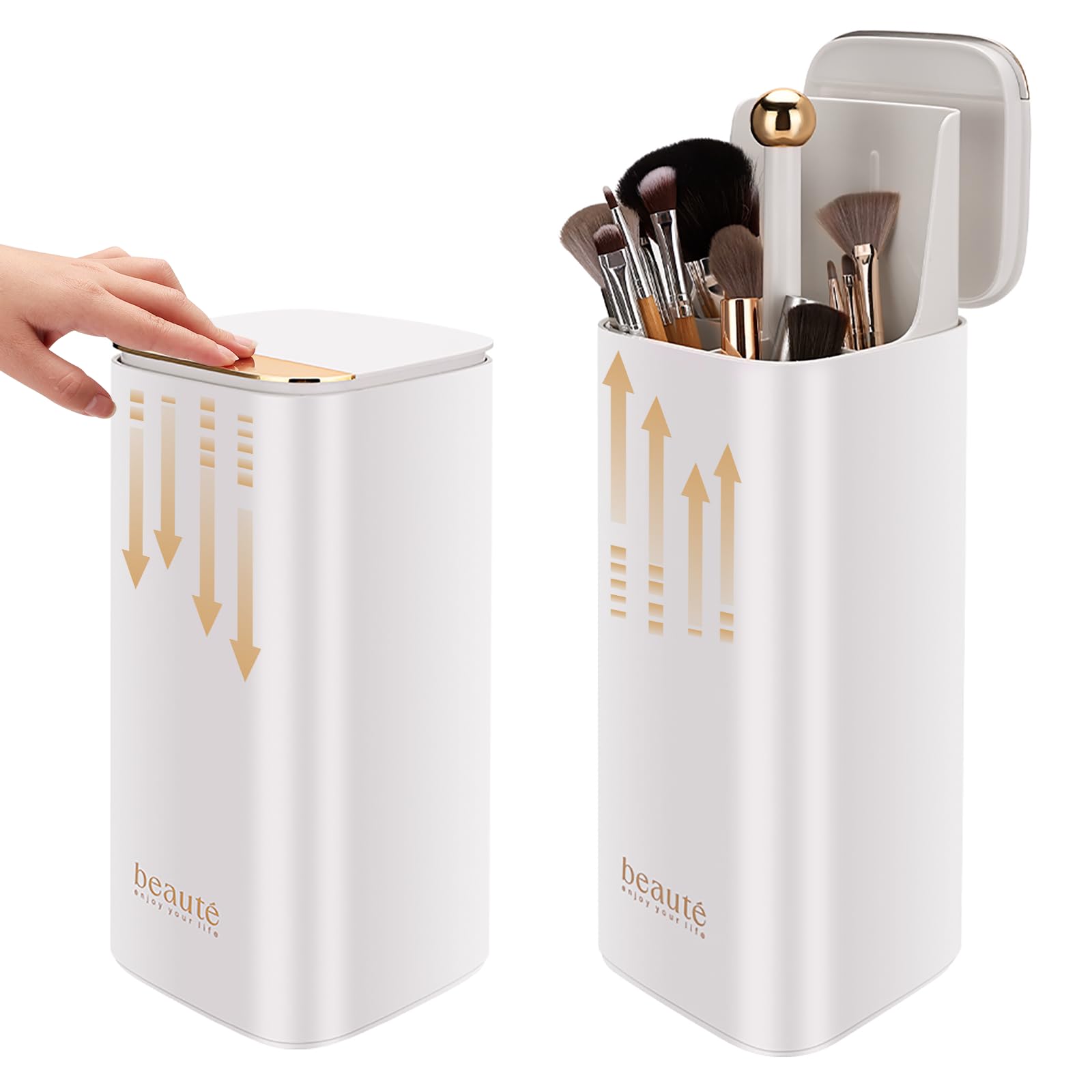 WANGDAWING Makeup Brush Holder with Lid, One Touch for Open, Automatic Lifting Waterproof Dustproof Make Up Organizer for Vanity