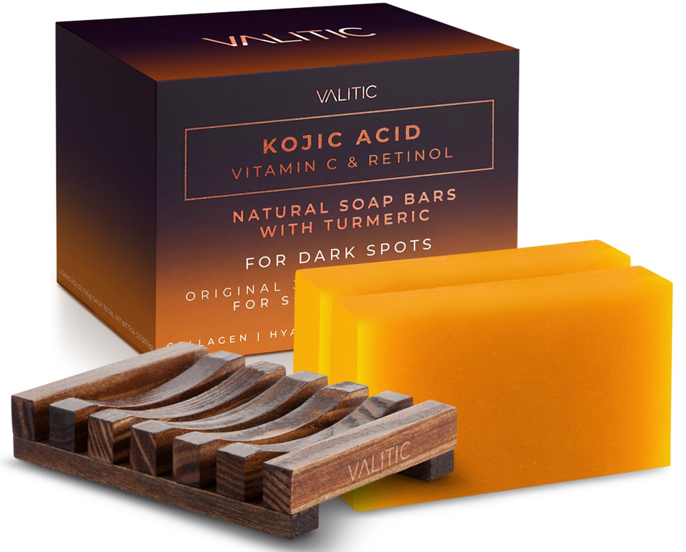 VALITIC Kojic Acid Vitamin C and Retinol Soap Bars with Turmeric for Dark Spot - Original Japanese Complex with Collagen, Hyalur