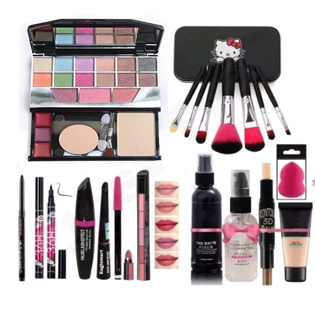 Justtya | Makeup Kit | 19Piece Set With Brushes, Lipstick, Fixer, Primer, Contour, Foundation, Eye Combo, Eyeliner, Kajal & Spo