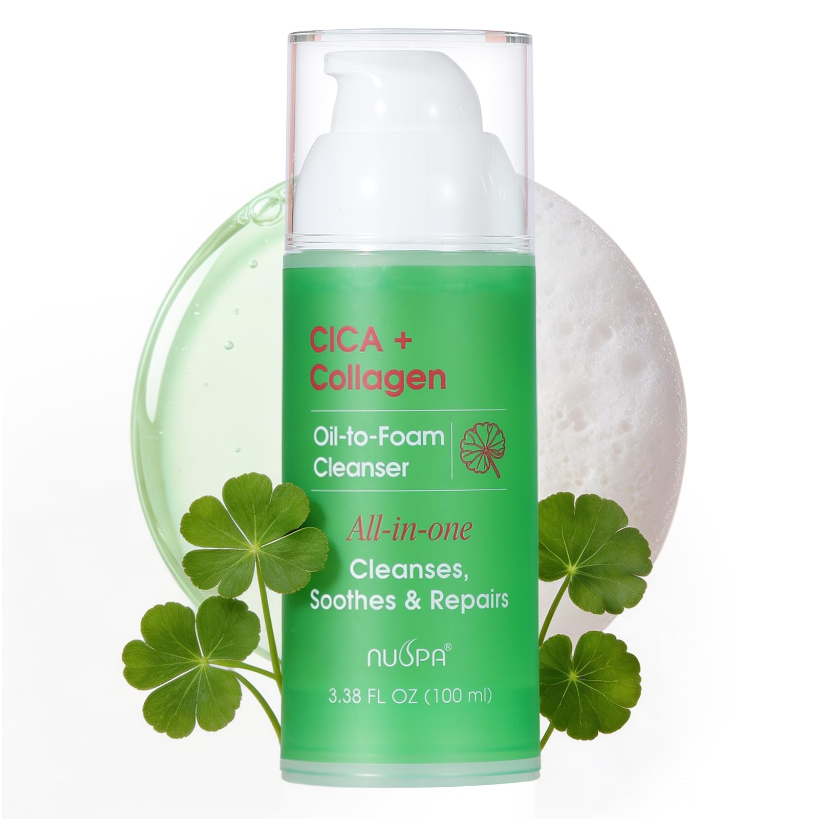NUSPA Cica Collagen Oil to Foam Facial Cleanser, 2in1 Makeup Remover Foaming Face Wash, Gentle Cleansing, Soothes Irritated Sk