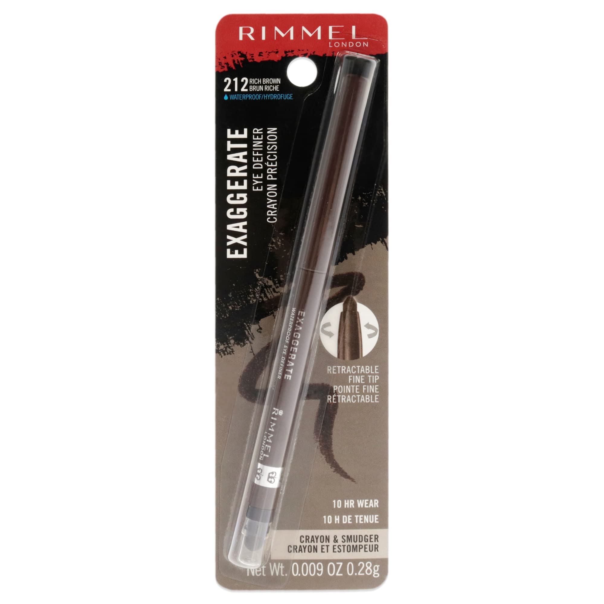 Rimmel London Exaggerate Waterproof Eye Definer Eyeliner, Highly Pigmented, Long-Wearing, Built-In Smudger, 212, Rich Brown, 0.0