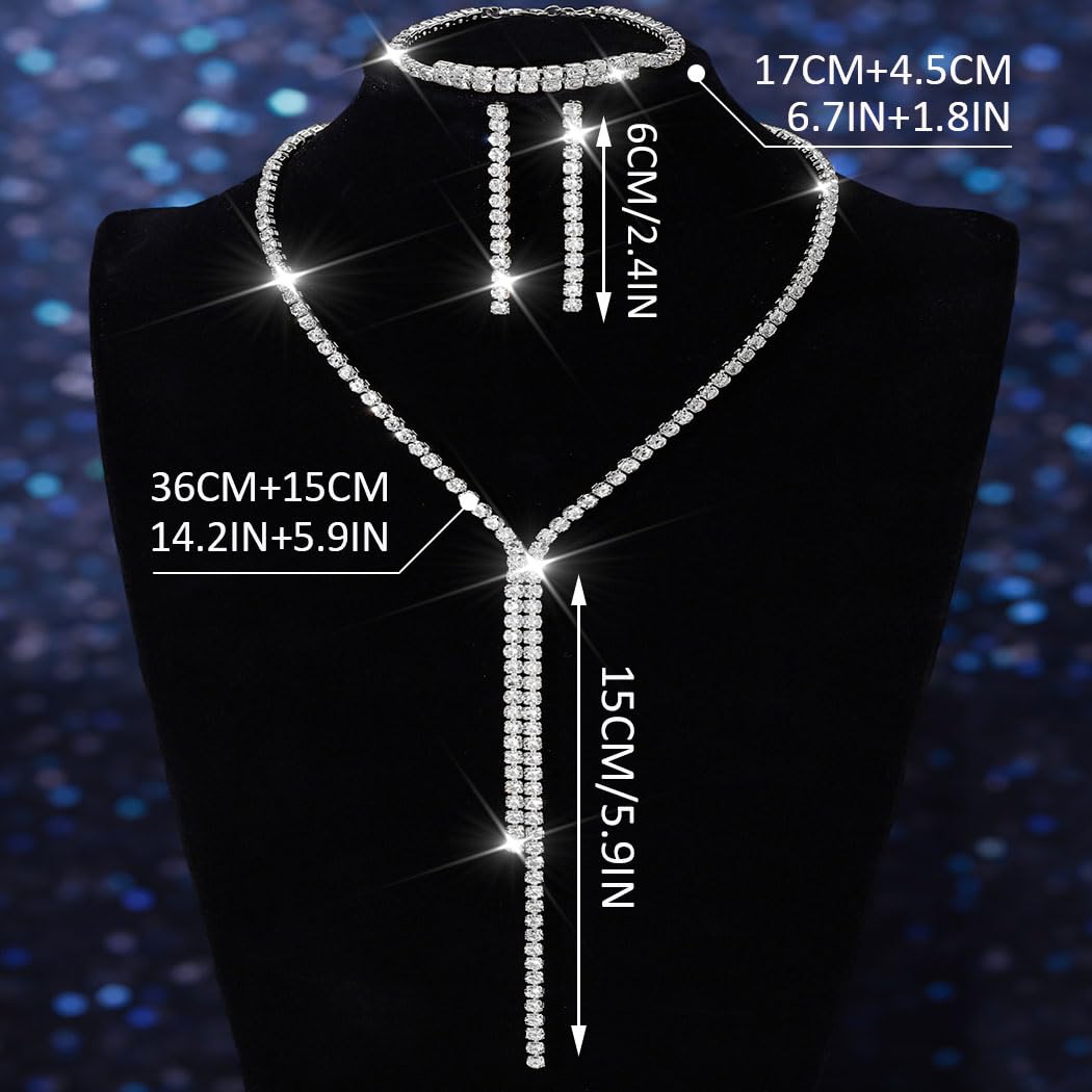 Unicra Silver Bridal Wedding Jewelry Sets Rhinestone Necklace Earrings Bracelet Set Prom Formal Costume Jewelry Sets for Women a