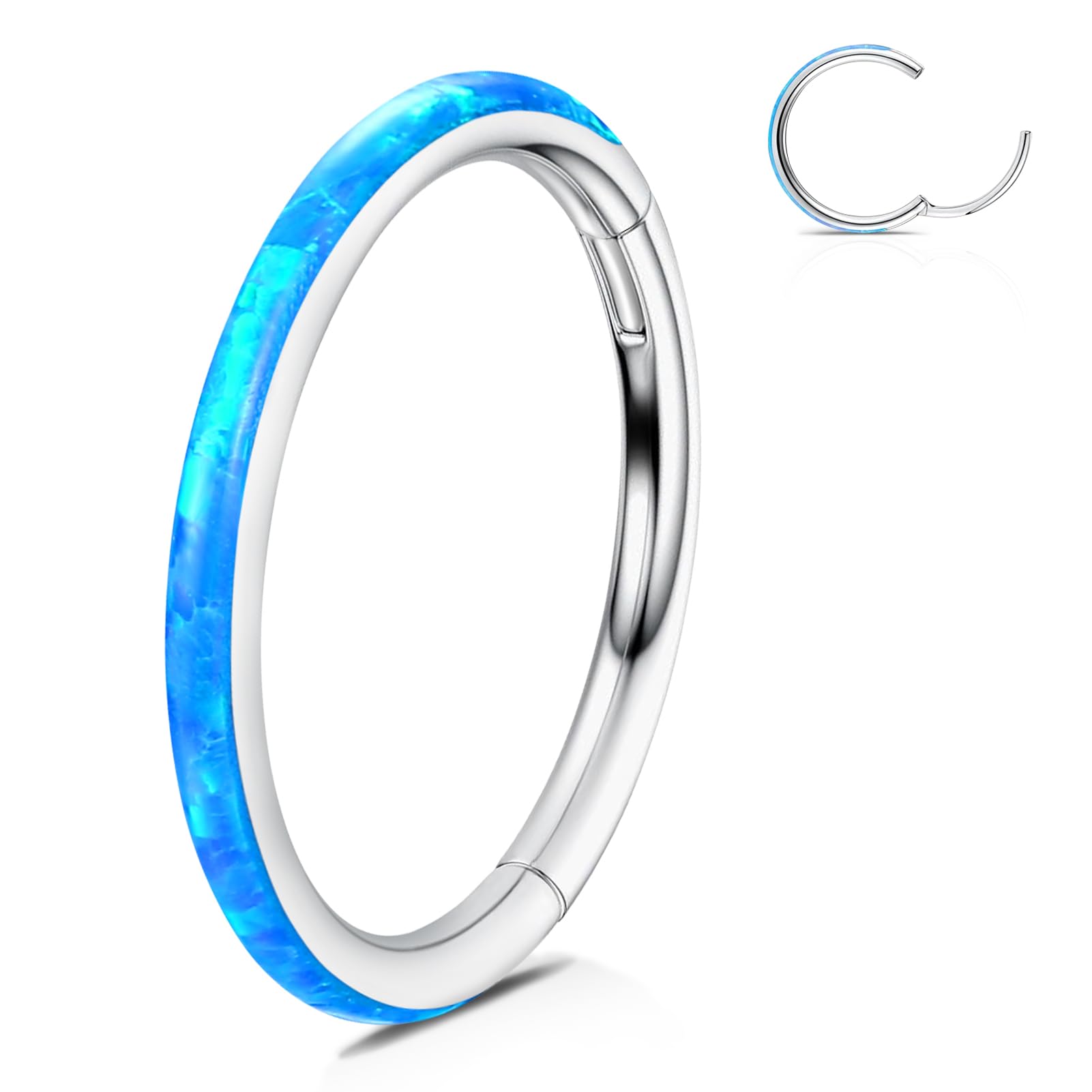 WBRWP Unisex Nose Ring Hoop with Blue Opal 14G(1.6mm) Diameter 8mm 316L Surgical Stainless Steel Hinged Flat Hinged Segment Ring