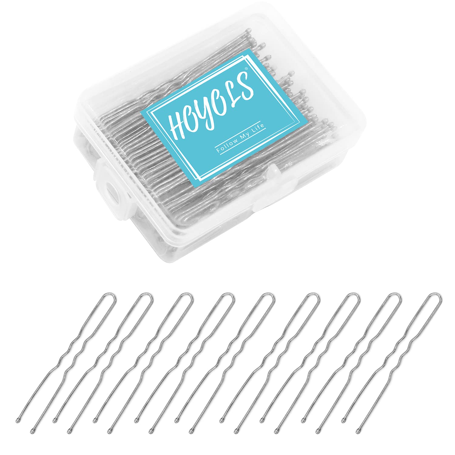 HOYOLS U Shaped Hair Pins Silver, U Shape Bobby Pins Metal Curved Curly Waved Bun Clips Hairpin for Buns Women Girls Grips Hairs