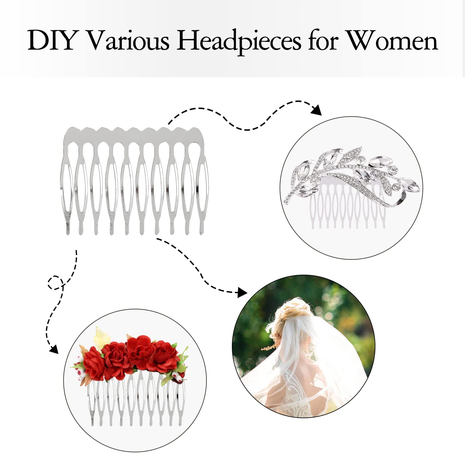 Lawie 10 Teeth Silver Metal Side Hair Combs - 20 Pack for DIY, Weddings, Bridal Veils, and Decorative Crowns