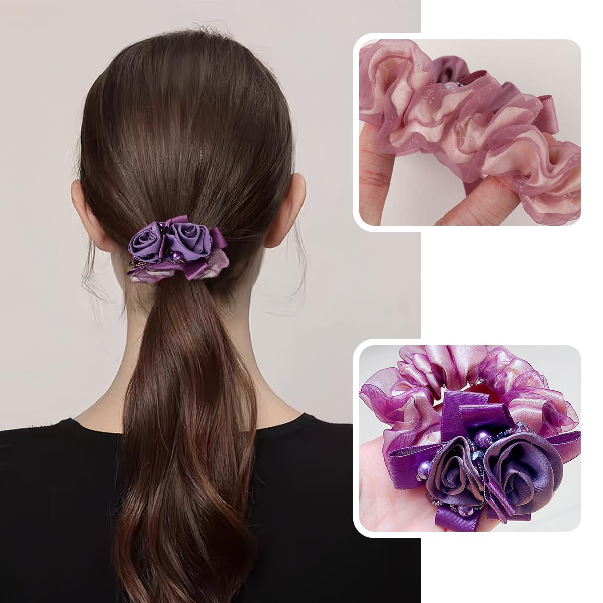Ainvhh 4 Pcs Rose Flower Lace Hair Scrunchies Ties Elastics Bands Hairbands Ponytail Holders Floral Headbands Stretchy Elastic H