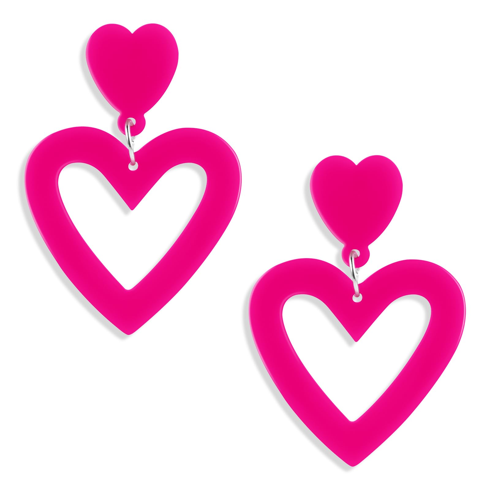 Hot Pink Heart Earrings for Women Double Heart Earrings Acrylic Heart Earrings Hot Pink Earring Love Heart Shaped Earrings Dangl