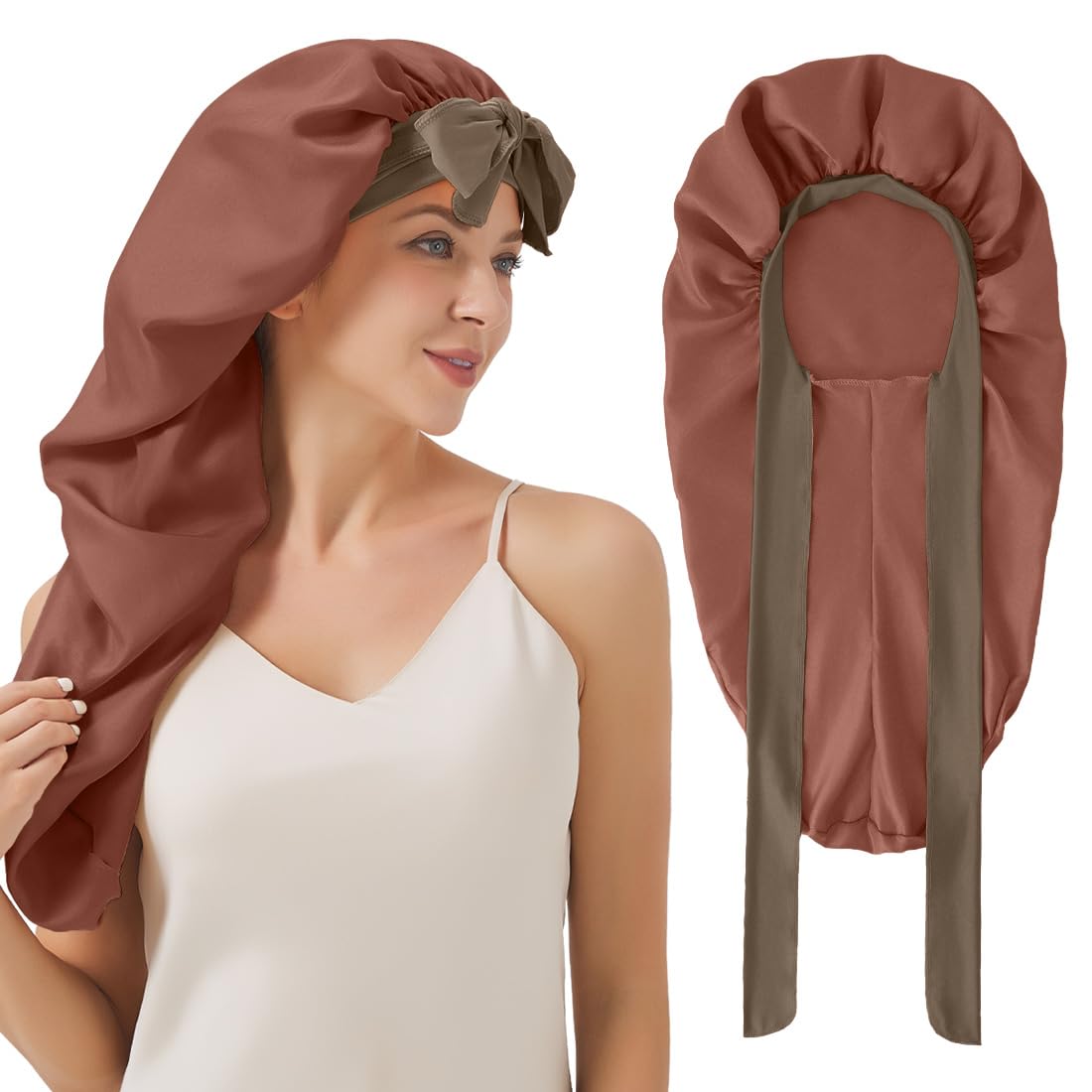Braid Bonnet For Sleeping, Long Satin Bonnet For Women Curly Hair, Satin Lined Bonnets For Sleeping With Elastic Long Strap(Brow