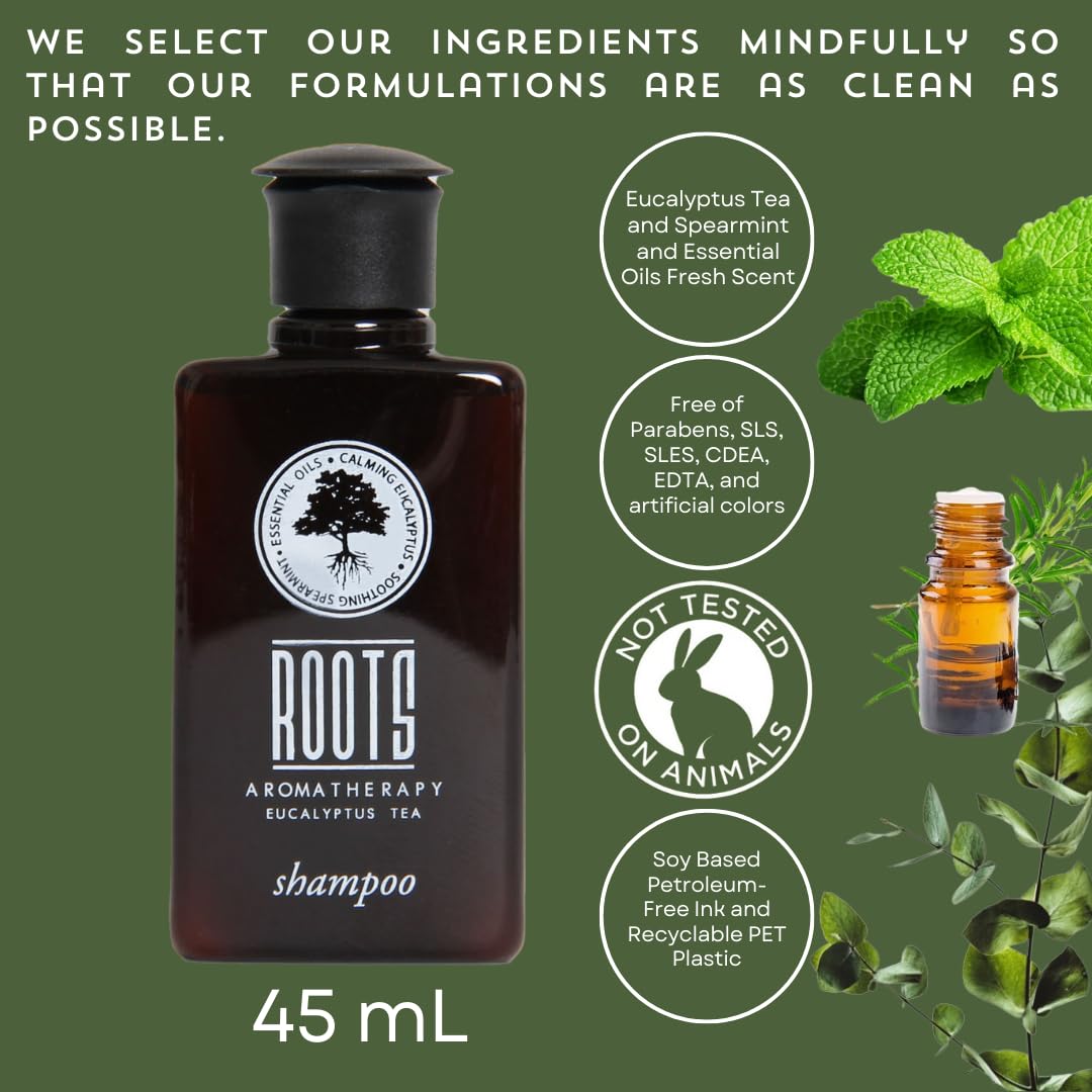 Roots Aromatherapy Amenity Kit Travel Size Bulk Pack (Eucalyptus Tea Fragrance) Toiletries For Bathroom, Guests, Hotels, Motels,