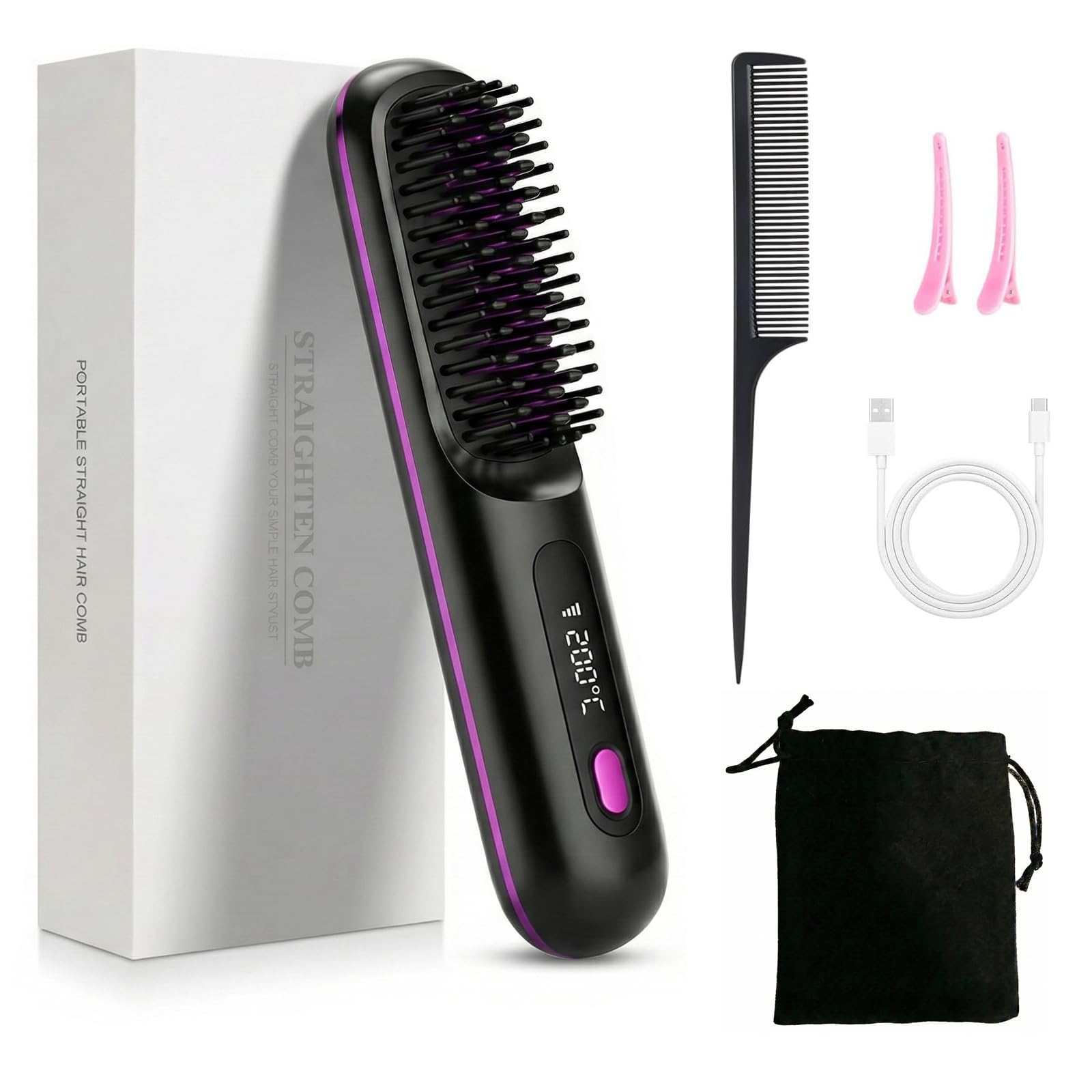 Go Brush Pro 2026, Cordless Hair Straightener Brush for Travel, 20s Fast MCH Ceramic Heating, 4000mAh TypeC, Portable Mini Stra