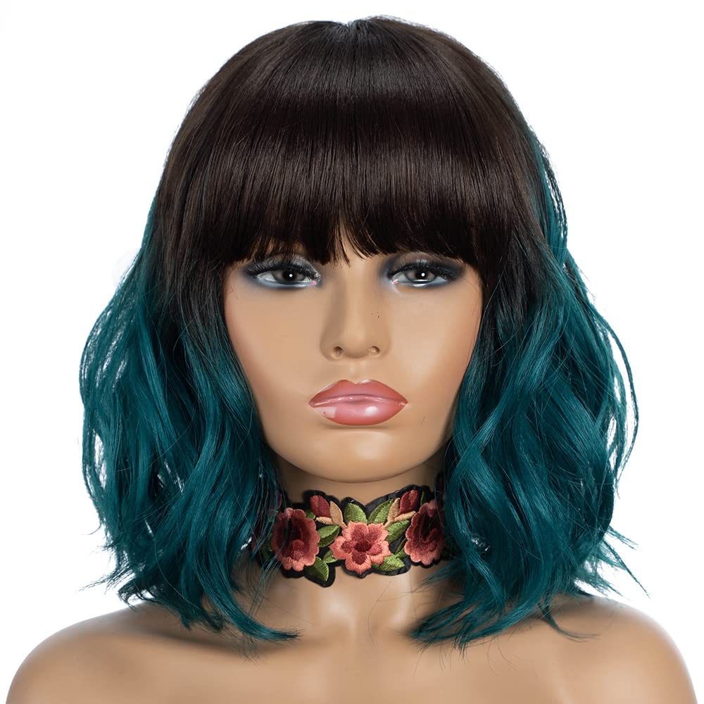 NOBLE Synthetic Curly Bob Wig With Bangs Short Bob Wigs Ombre Brown To Green Color Women's Shoulder Length Wigs Curly Wavy Wig H