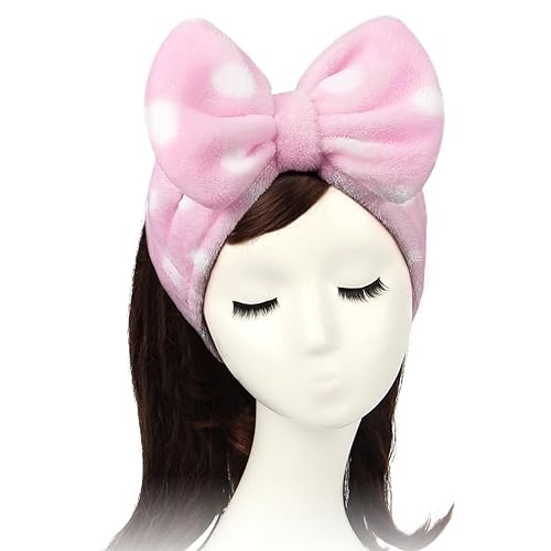 Shintop Women Fashion Lovely Soft Carol Fleece Bowknot Bow Makeup Cosmetic Shower Elastic Hair Band Hairlace Headband (Pink Polk
