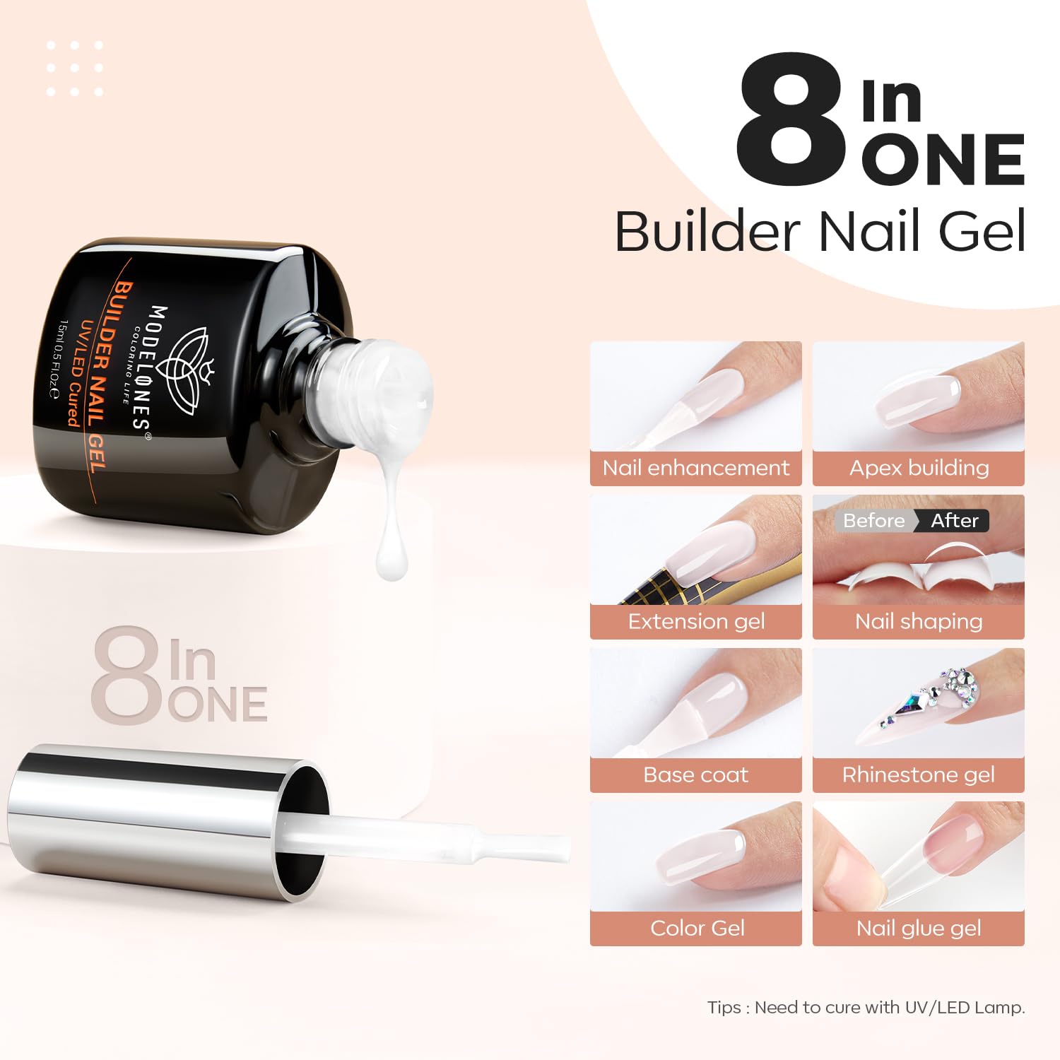 Modelones Builder Nail Gel, Milky White Gel Builder For Nail Thickening, 8-In-One Builder Nail Strengthener Led Nail Lamp Cured