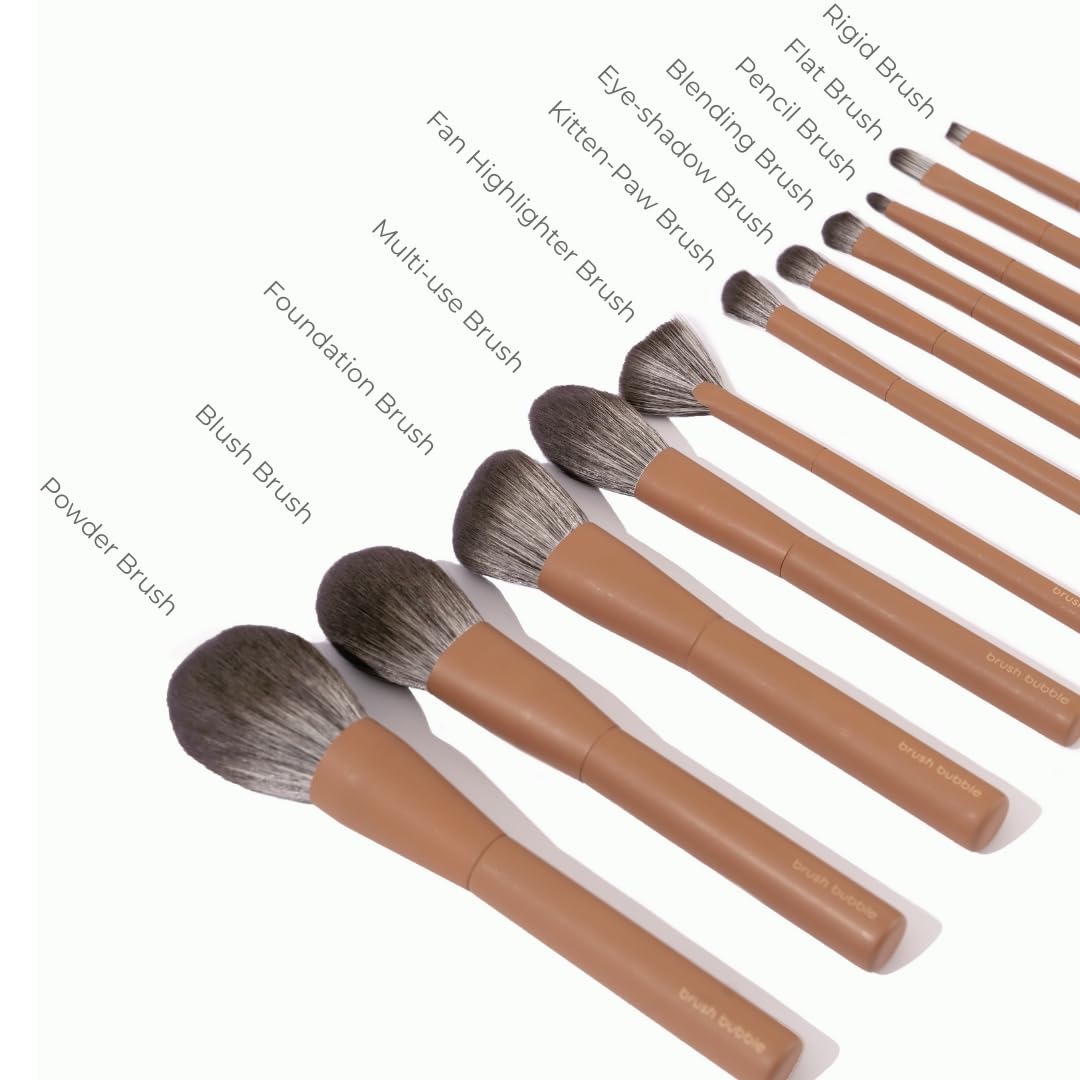 Makeup Brush Set- Brush Bubble Full Set Makeup Brushes For Liquid Foundation, Powders, Creams And Shadows. 11 Piece Vegan, Silve