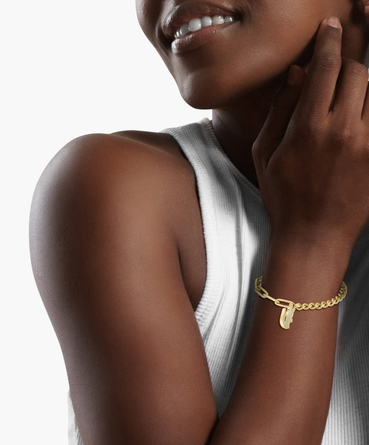 Lacoste Jewelry Crocodile Women's Ionic Plated Thin Gold Steel and Crystal Chain Bracelet, Color: Gold Plated (Model: 2040147)