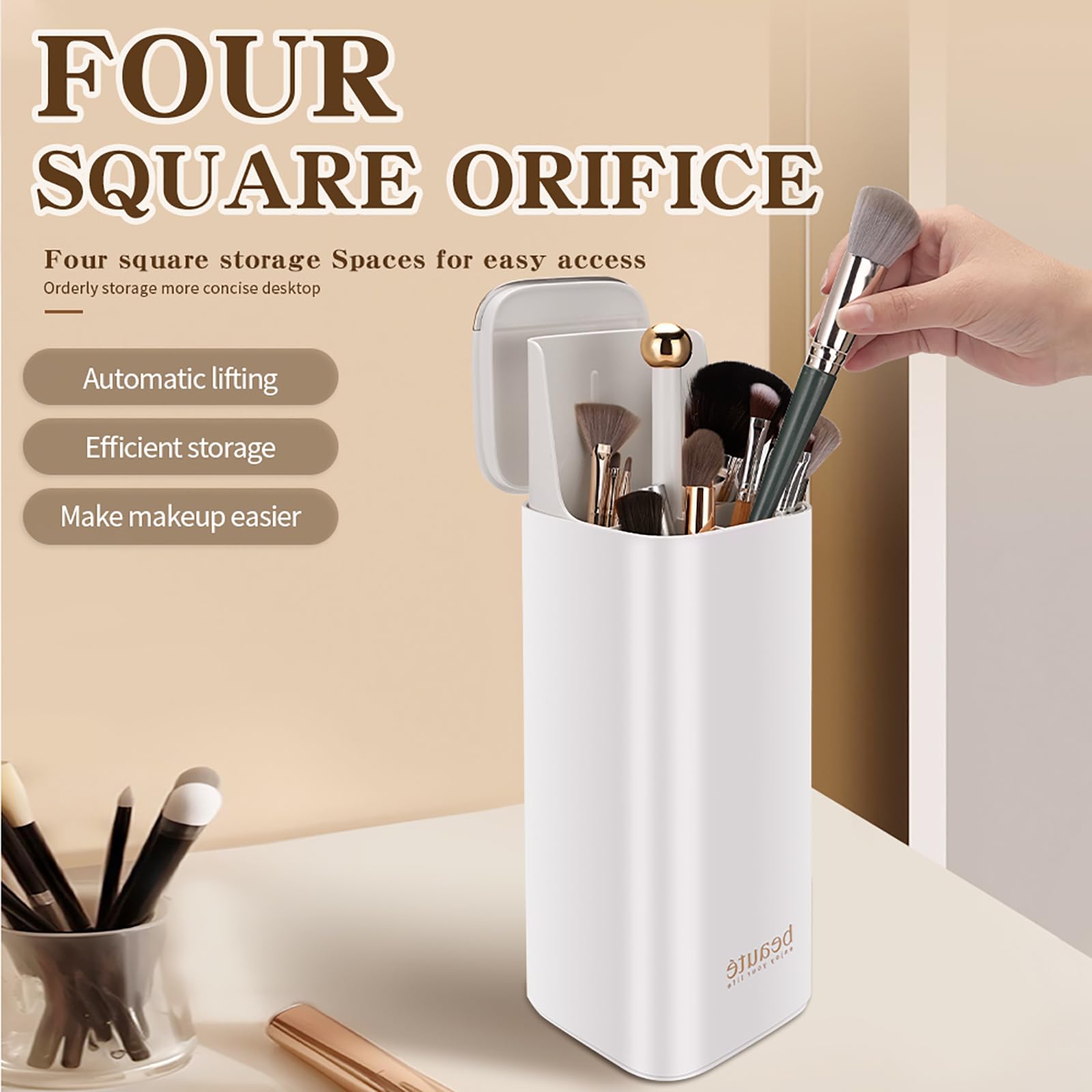 WANGDAWING Makeup Brush Holder with Lid, One Touch for Open, Automatic Lifting Waterproof Dustproof Make Up Organizer for Vanity
