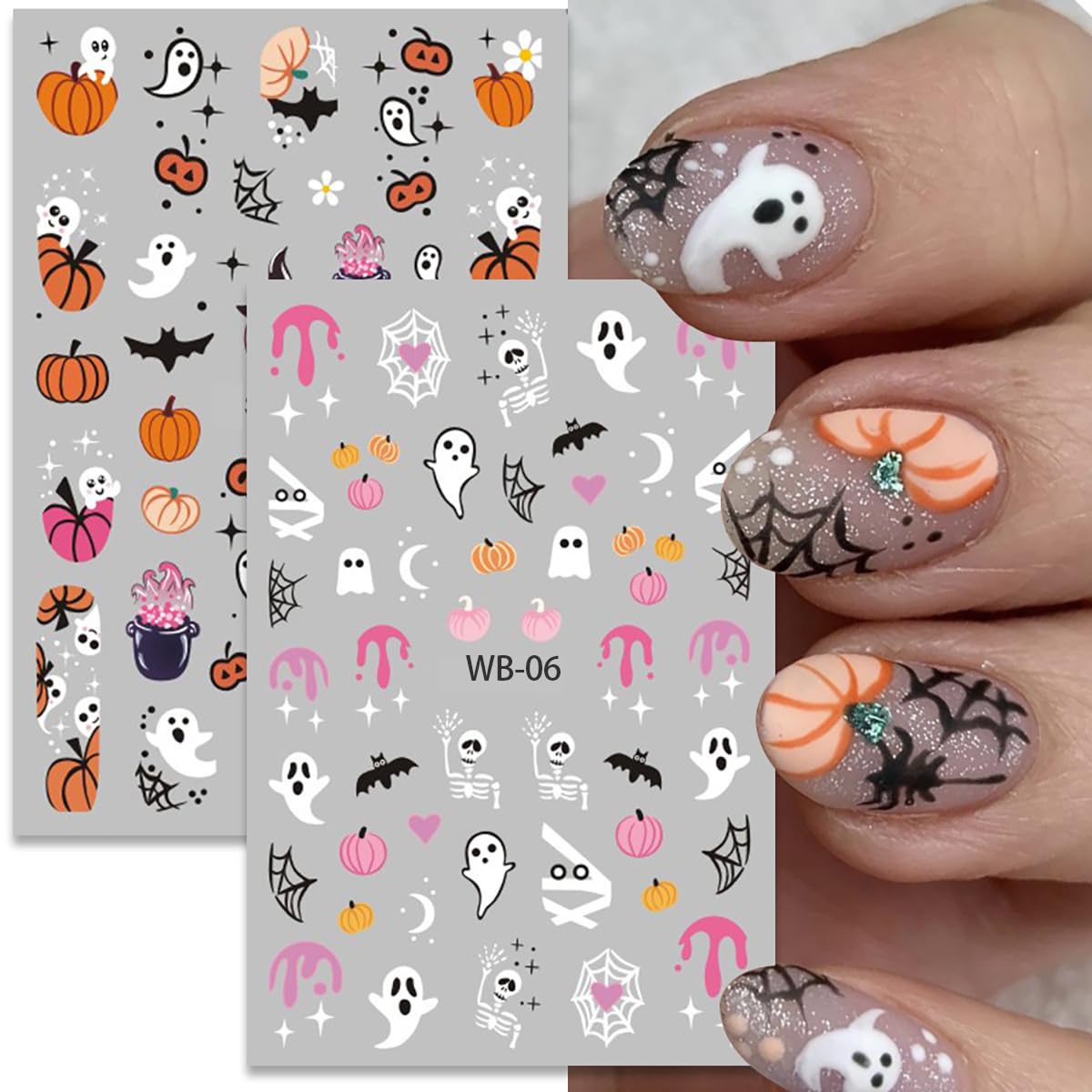 8Pcs Halloween Nail Stickers For Nail Art Cute Ghost Nail Decals 3D Self-Adhesive Pumpkin Bat Skull Spider French Nail Art Stick