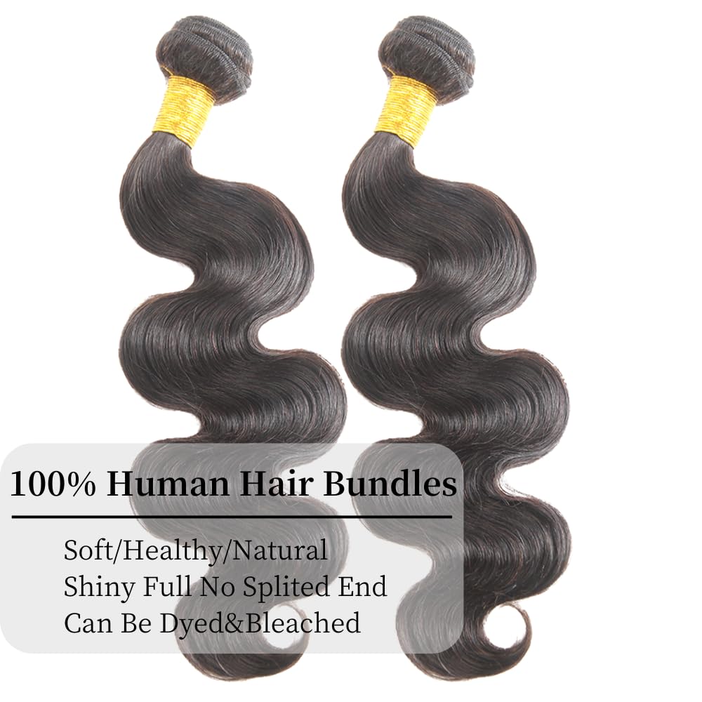 Huarisi 10A Brazilian Body Wave Bundles 12-14 Inch Human Hair, 100% Unprocessed Virgin, 2 Bundles, Natural Black, Wavy, Sew-In,