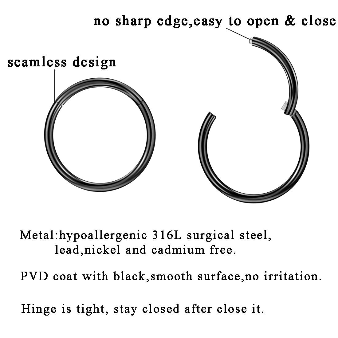 JOFUKIN 10g Hoops 16mm 10 Gauge Hoop Nose Rings for Men Black Nose Ring Hoop Surgical Steel Nose Hoop Hypoallergenic Body Pierci