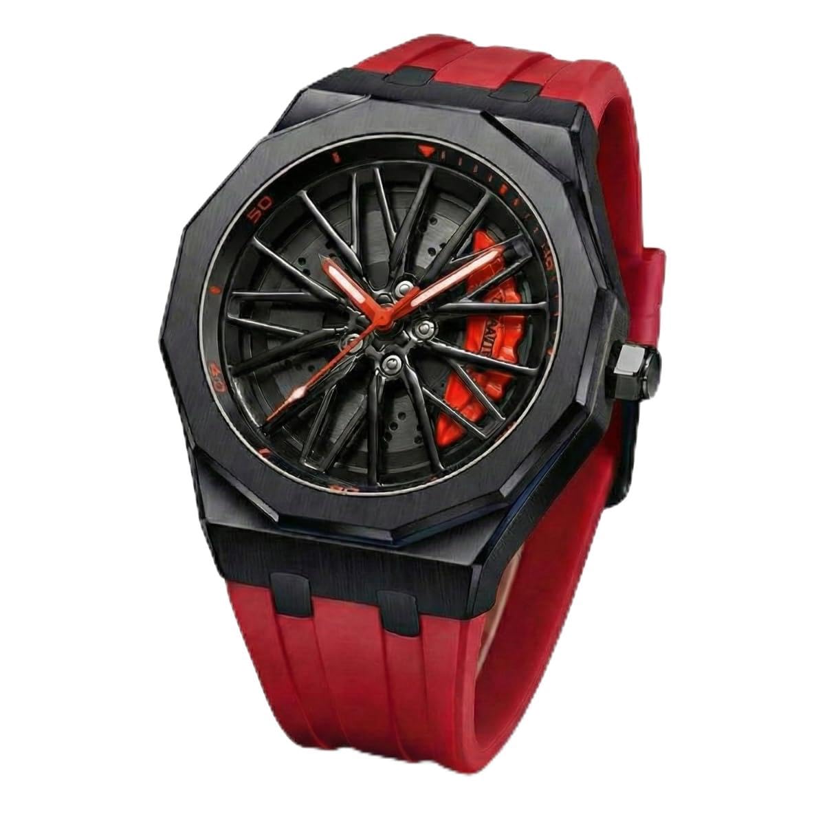 Wisewalker Trendy Latest Sports Car Wheel Rim Design Watch Black Case With Orange Silicone Strap Analog Wrist Watch For Men (Red