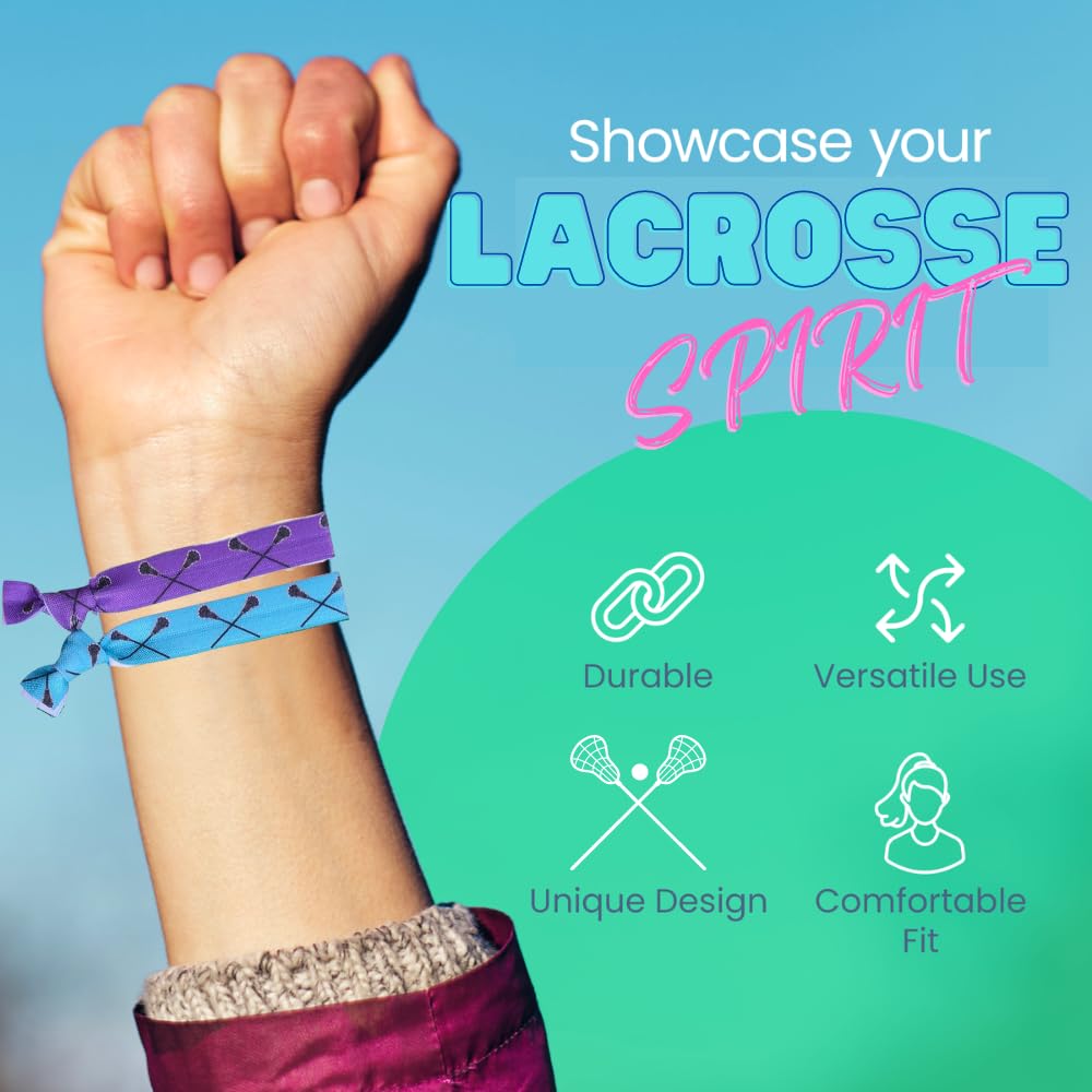 Multi-Colored Hair Ties With Lacrosse Design For Girls - No Crease Ponytail Elastics For Lacrosse Players (8 Pcs) - By Sportybel