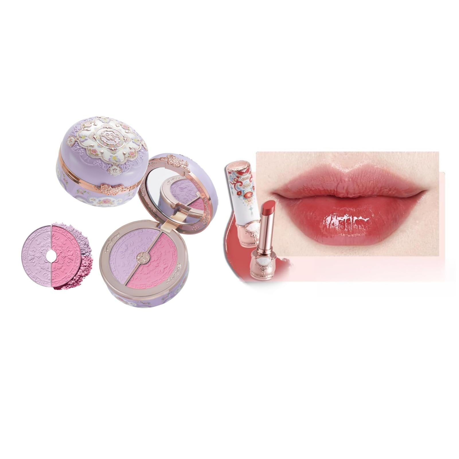 Flower Knows Butterfly Cloud Collar Rouge Box Highlighting & Blush Duo Powder and Glossy Lipstick Set,Tone Matte for Cheeks Buli