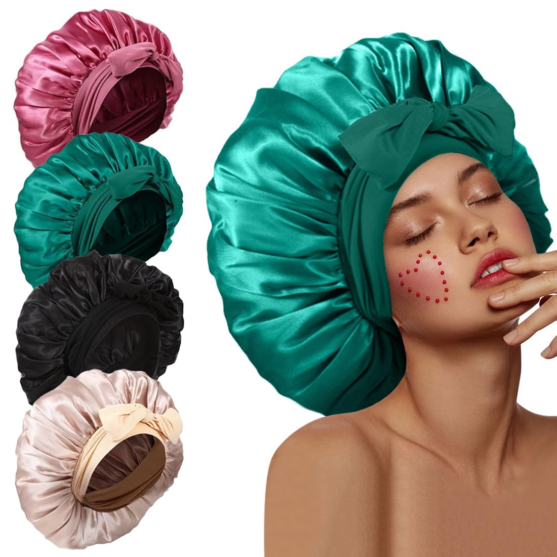 4Pcs Silk Bonnet For Sleeping, Satin Hair Bonnets For Sleeping Black Curly Hair Women Extra Large Jumbo Bonnet With Tie Band Bra