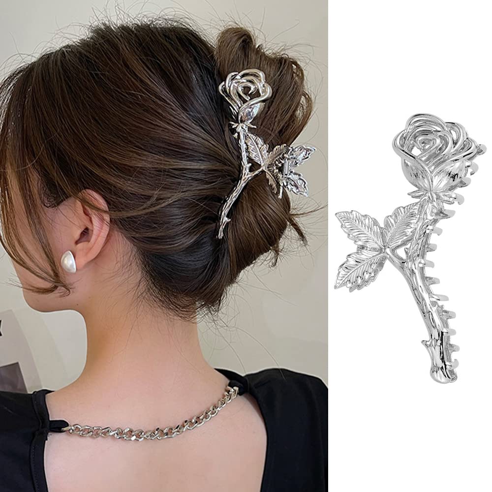 Flower Hair Claw Clips Metal Silver Rose Hair Clips Large Non-Slip Headdress Hair Crab Clip Thick Hair Jaw Clips Hair Strong Gri