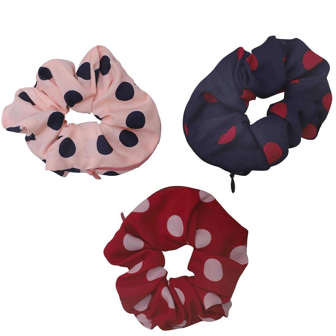 Nnr_Girls Polka Dots Printed Hair Scrunchies With Secret Zip Pocket Rubber Bands_Pack Of 3 Pcs_