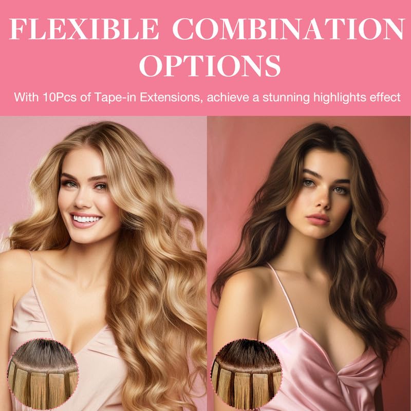 Goo Goo Tape In Hair Extensions Human Hair, 16/22 Light Blonde Highlighted Golden Blonde, 18Inch 25G 10Pcs, Thick Ends Straight