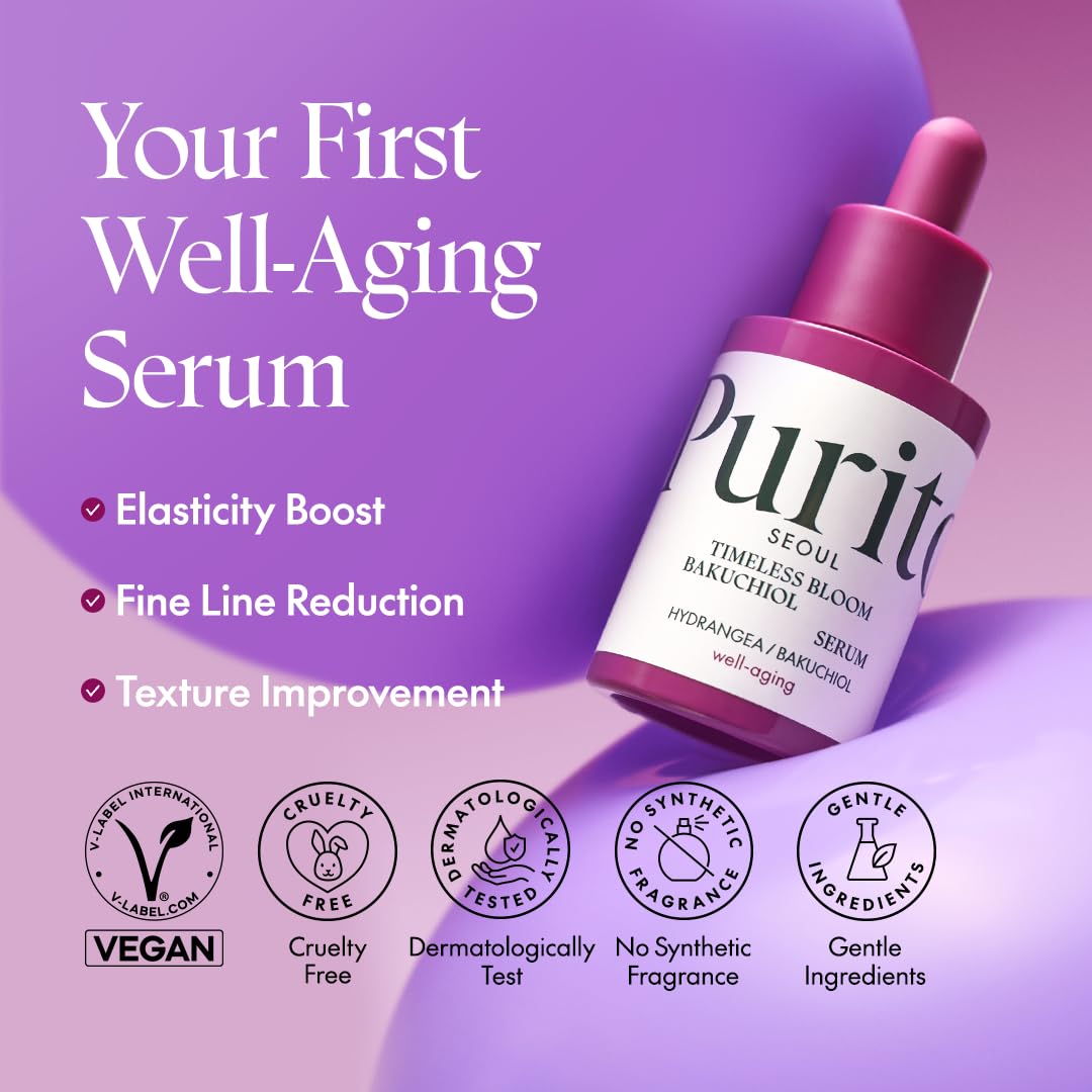 Purito Seoul Timeless Bloom Bakuchiol Serum, Korean Jeju Hydrangea, For Sensitive Skin, Ampoule, Fine Line Reduction, Anti Aging