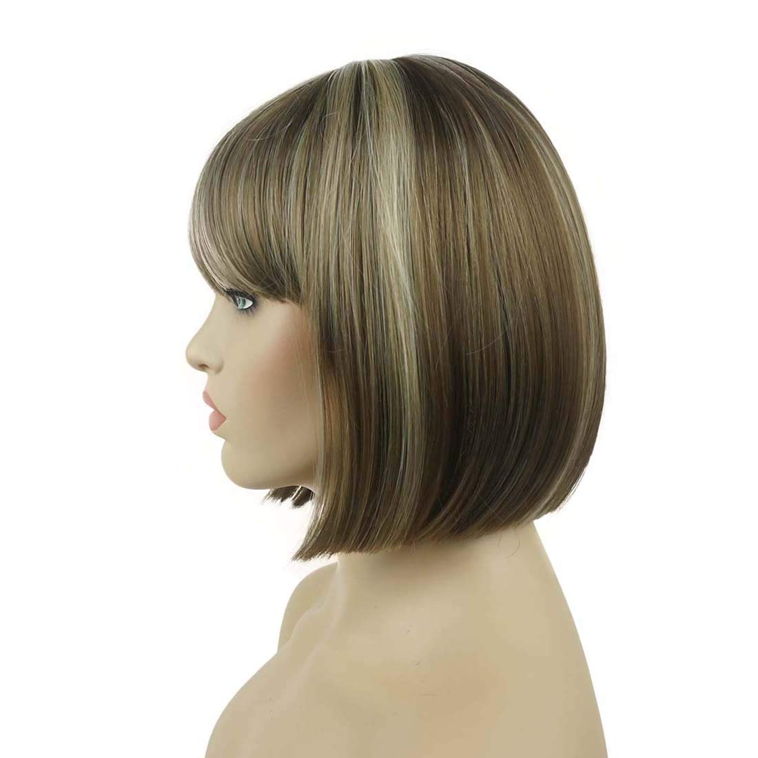 Lydell 8'' Straight Short Bob Hair Flat Bangs Cute Central Dot Skin Top Heat Resistant Synthetic Wigs (18-22 Light Ash Brown)