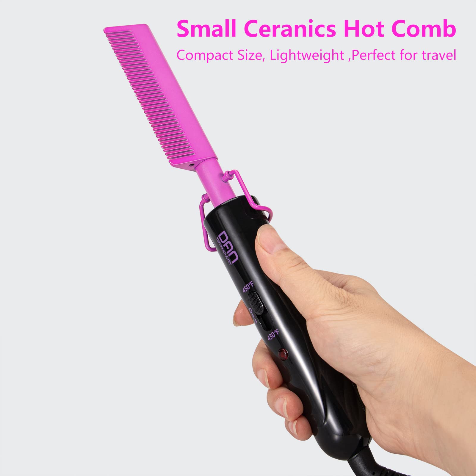 Dan Technology Mini Hot Comb,Dual Voltage Pressing Comb,450? Heat Comb Hair Straightener,Fast Heating Plug In Hot Comb,Ceramic H