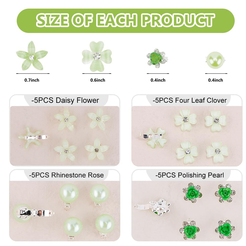 Ahoney 20Pcs Mini Clips For Hair Green Flower Hair Clips With Rhinestone Cute Hair Pins Decorations Hair Clips For Hair Barrette