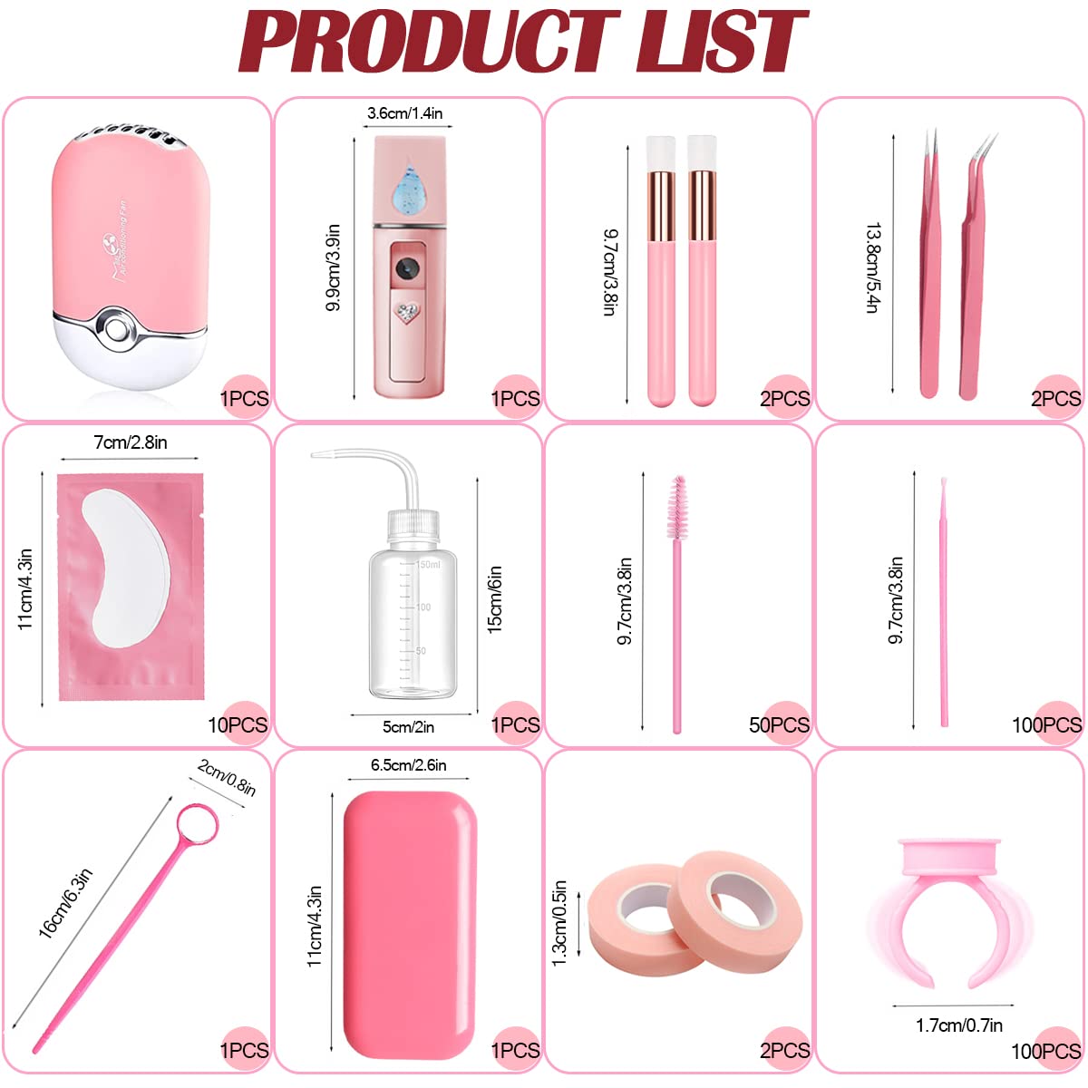 Eyelash Extension Supplies Usb Air Conditioning Blower Facial Mister Lash Tweezers Mirror Mascara Brush Lash Shampoo Brush Bottl