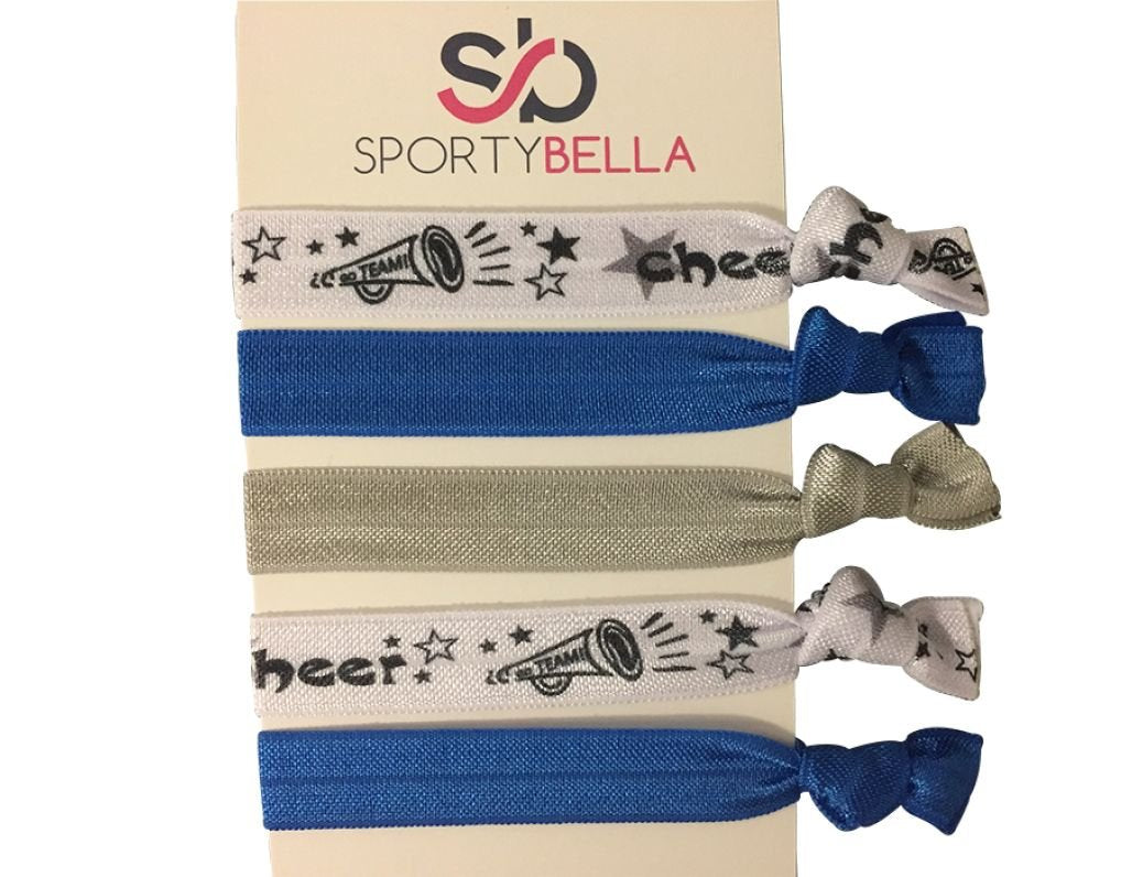 Sportybella Cheer Hair Ties (Blue)- Hair Accessories For Girls, Women, Teens & Kids. No Crease, No Tug Elastic Hair Ties Set. Po