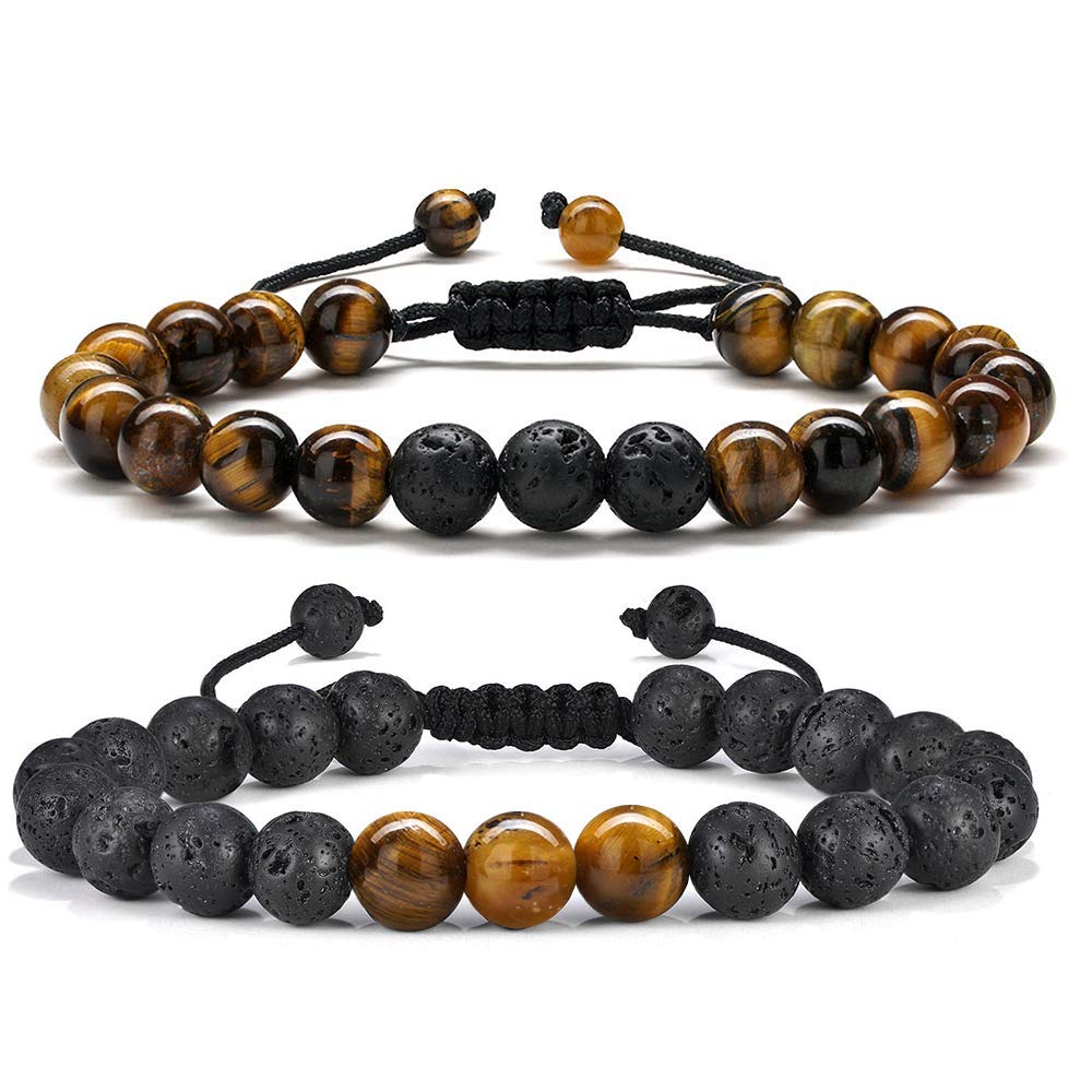 M MOOHAM Bead Bracelet for Mens Gifts, Natural Tiger Eye Black Lava Rock Stone Mens Anxiety Bracelets, Adjustable Aromatherapy E