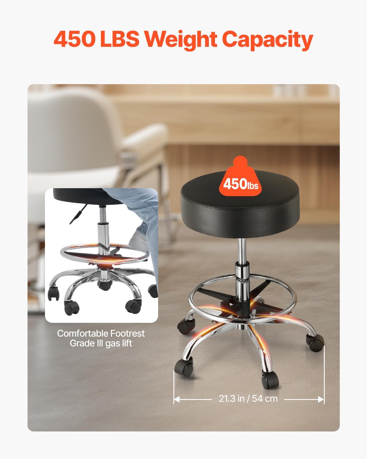 VEVOR Rolling Stool with Foot Rest and Wheels, 450 LBS Weight Capacity Round Rolling Stool Chair, Height Adjustable Thickened PU