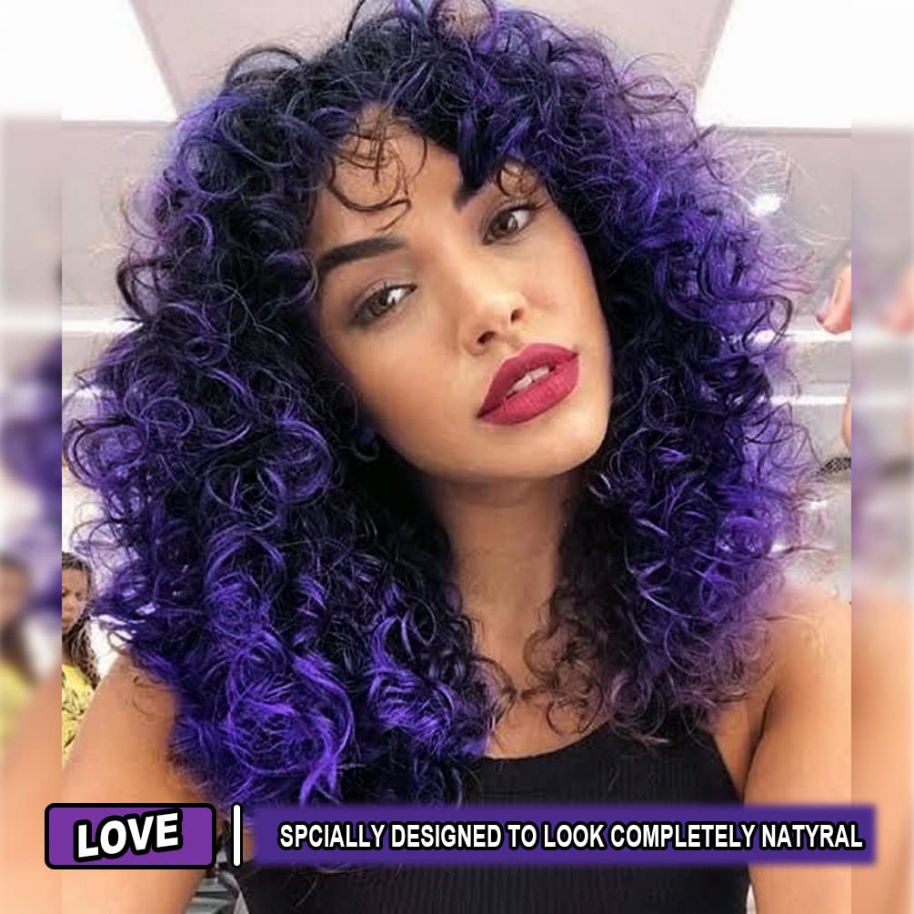 YEAME Curly Wigs for Black Women - Curly Afro Wig with Bangs Purple Mixed Blue Synthetic Hair Afro Curly Wigs with 1 Wig Comb an
