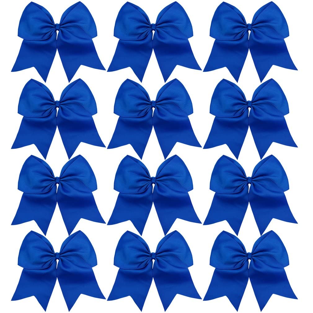 12Pcs 8'' Large Cheer Bow Blue Ponytail Holder Elastic Band Hair Ties Hair Bow Accessories For Cheerleading Teen Girls High Scho