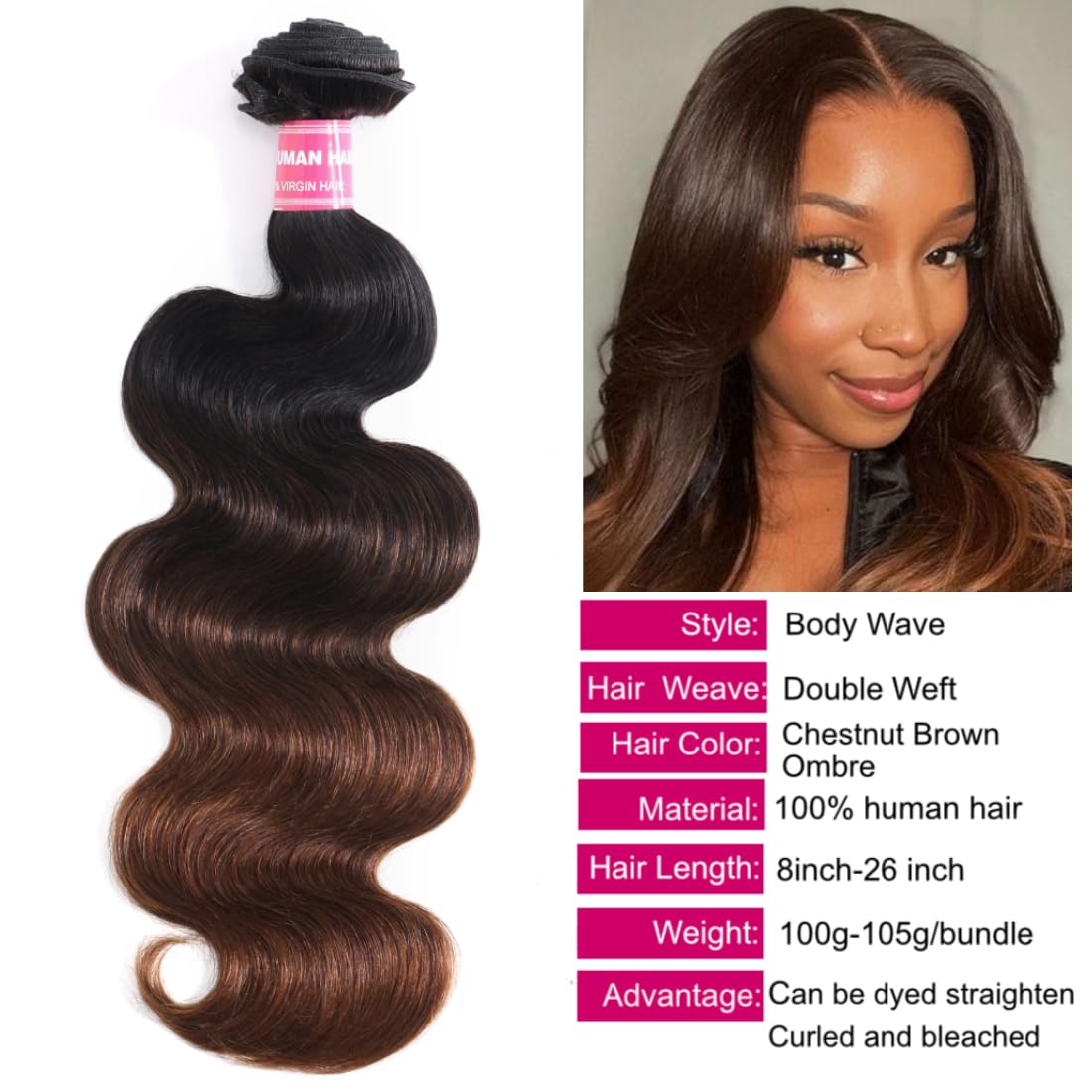 Unice Chestnut Brown Ombre Body Wave Human Hair Weave 3 Bundles 18 20 22 Inch Brazilian Remy Human Hair Wavy Sew In Human Hair E