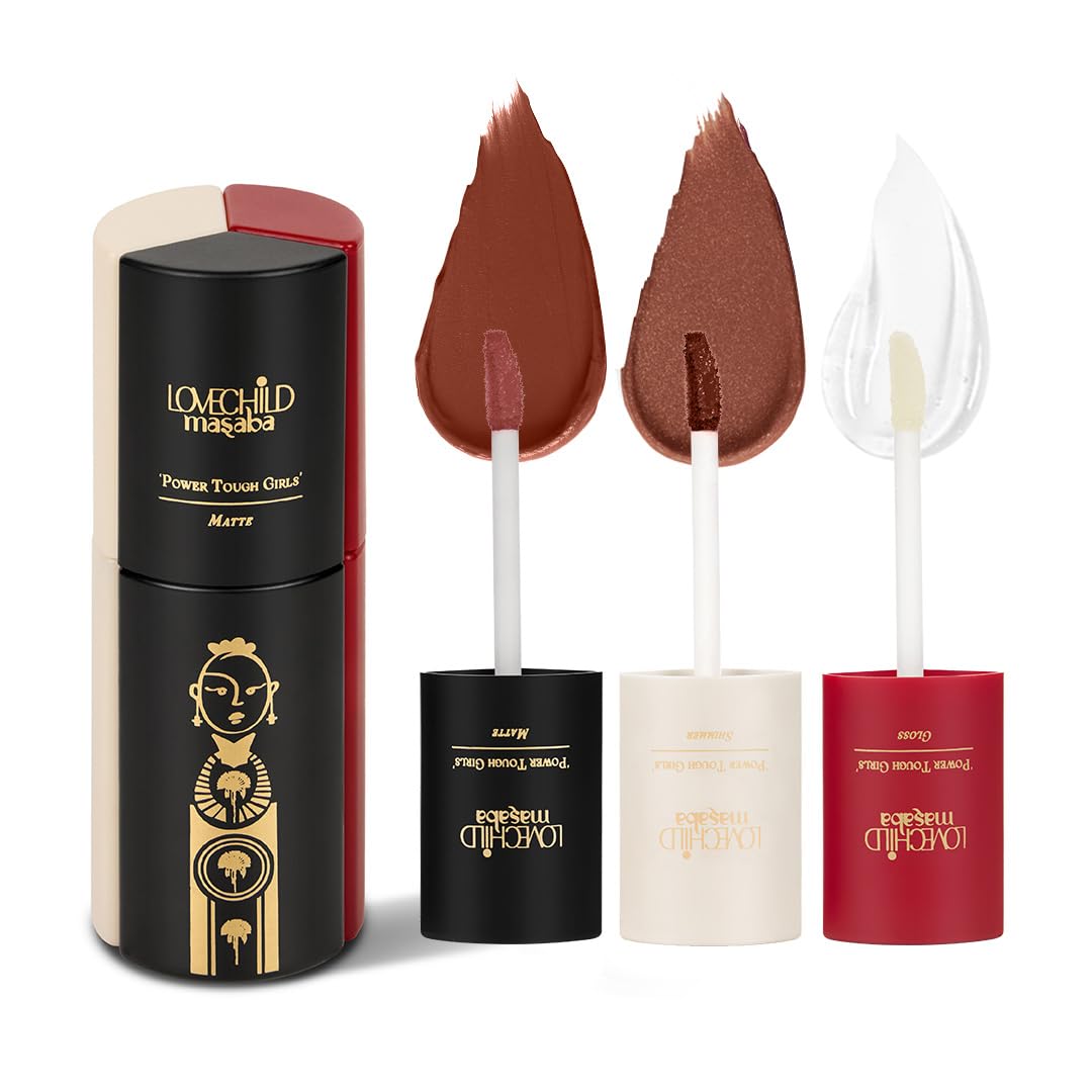 Lovechild Masaba 3In1 Lip Combo, Power Tough Girls, Juicy Brownie (Caramel Brown) Liquid Lipstick Combo Set, Matte, Shimmer & 