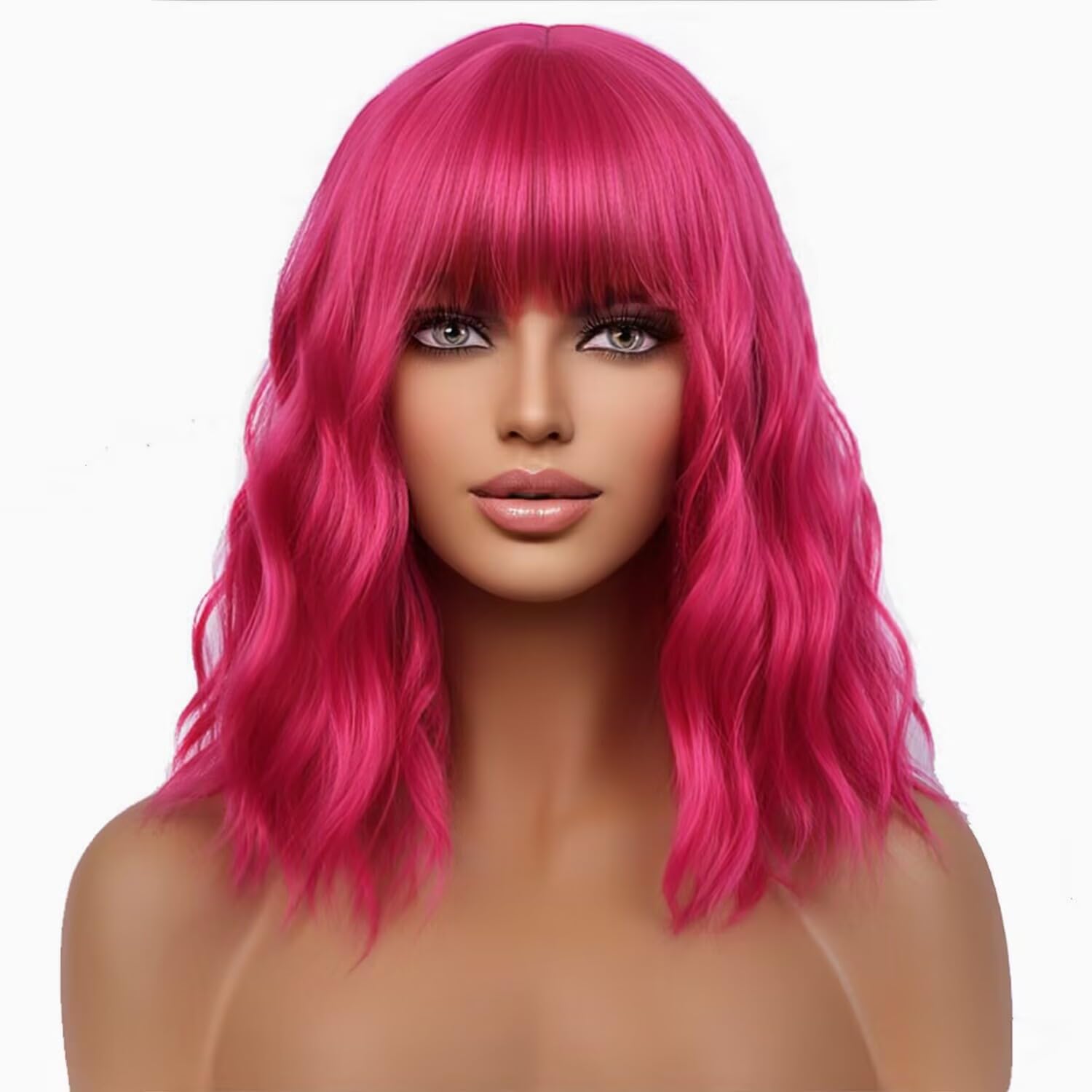 WTHCOS Hot Pink Wig Short Curly Wavy Wig with Bangs Rose Red Wig for Women Magenta Wig Neon Pink Wig Synthetic Wigs for Cosplay 