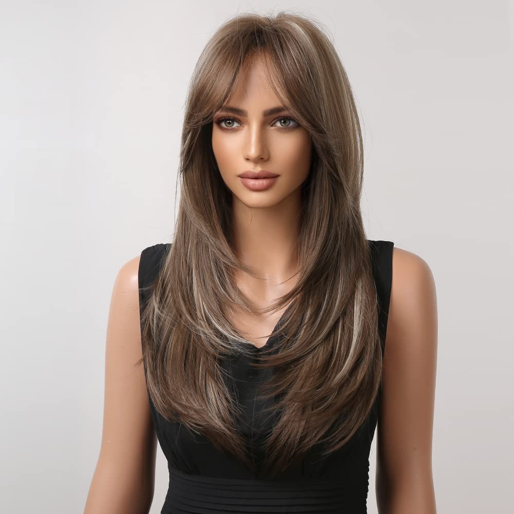 HAIRCUBE Dark Brown Wigs for Women,Long Layered Brown with Highlight Wigs with Bangs Heat Resistant Synthetic Fibre Wigs(pelucas
