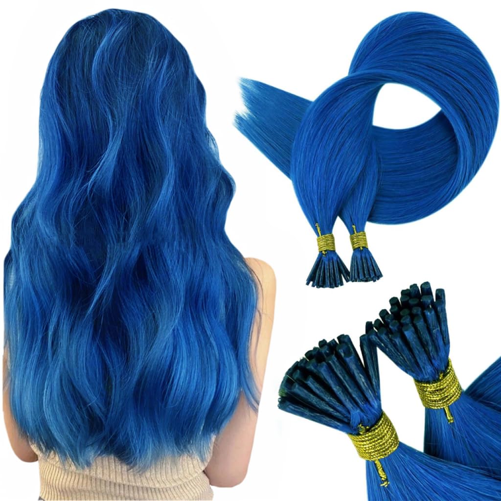 RUNATURE Blue I Tip Hair Extensions Human Hair 16 Inch Blue I Tip Hair Extensions Real Human Hair Blue Hair Extensions I Tip Blu