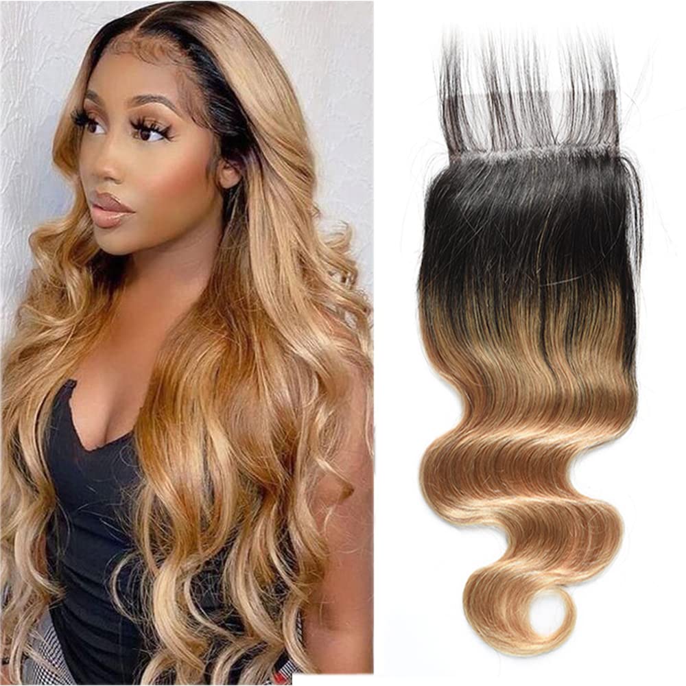 Isufer 1B/27 Closure Pre Plucked Ombre Lace Closure Human Hair Transparent Lace Free Part 4X4 Lace Front Closure With Baby Hair 