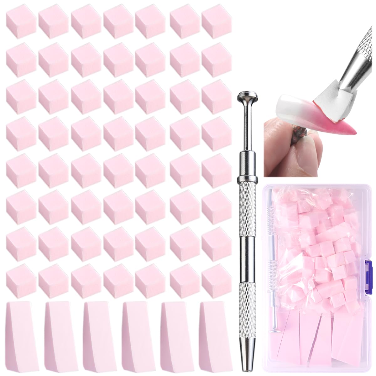 Fcozpjk 100Pcs Soft Nail Sponges for Ombre, Gradient Effect Pink Nail Art Sponges With Grabbing Pen 6Pcs Wedge Sponges Aura Nail