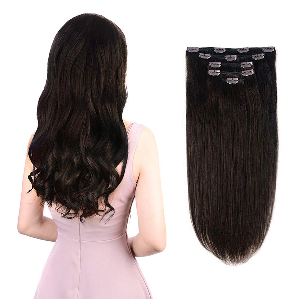 5 Pieces 18'' Remy Clip in Hair Extensions Human Hair Dark Brown - Beauty Silky Straight Long Thick Real Hair Extensions for Wom