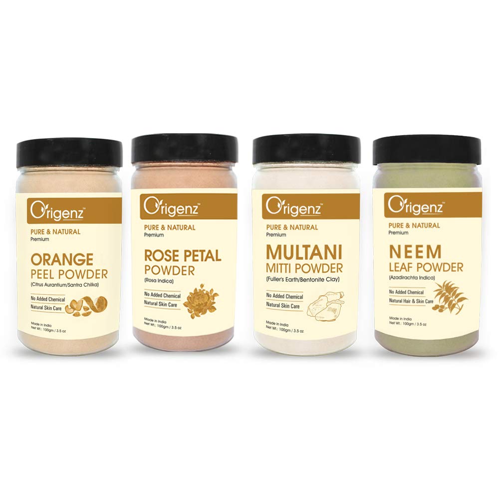 Origenz Orange Peel, Rose Petals, Multani Mitti And Neem Leaves Powders For Healthy Skin, Nourishment, Face Pack, Mask, Helps To